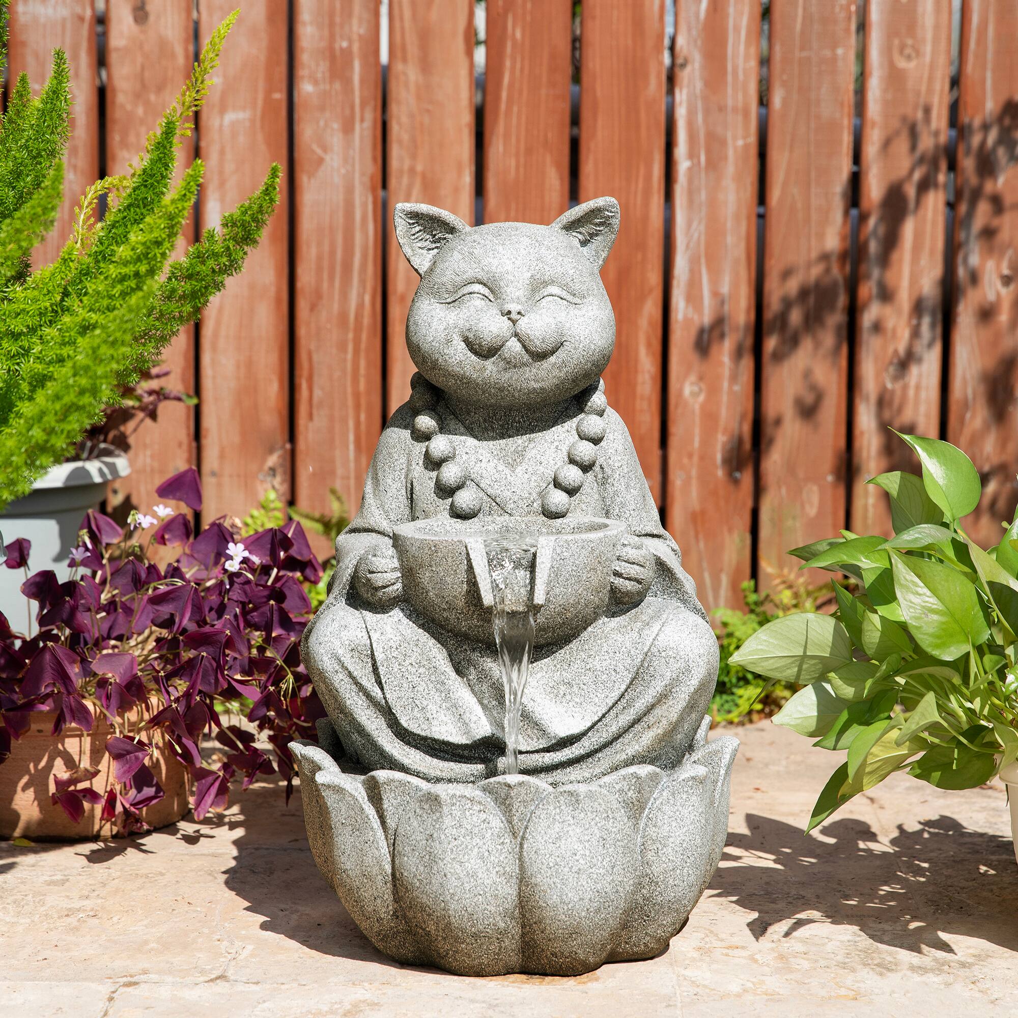 Glitzhome® 21.75" Zen-Style LED 2-Tier Concrete Cat Outdoor Fountain
